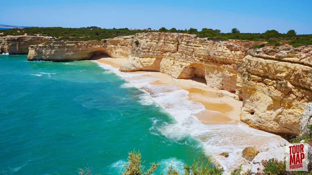 Scenic day trip to Algarve with Tour Map Portugal, visiting Benagil Cave, Carvoeiro, and Lagos.