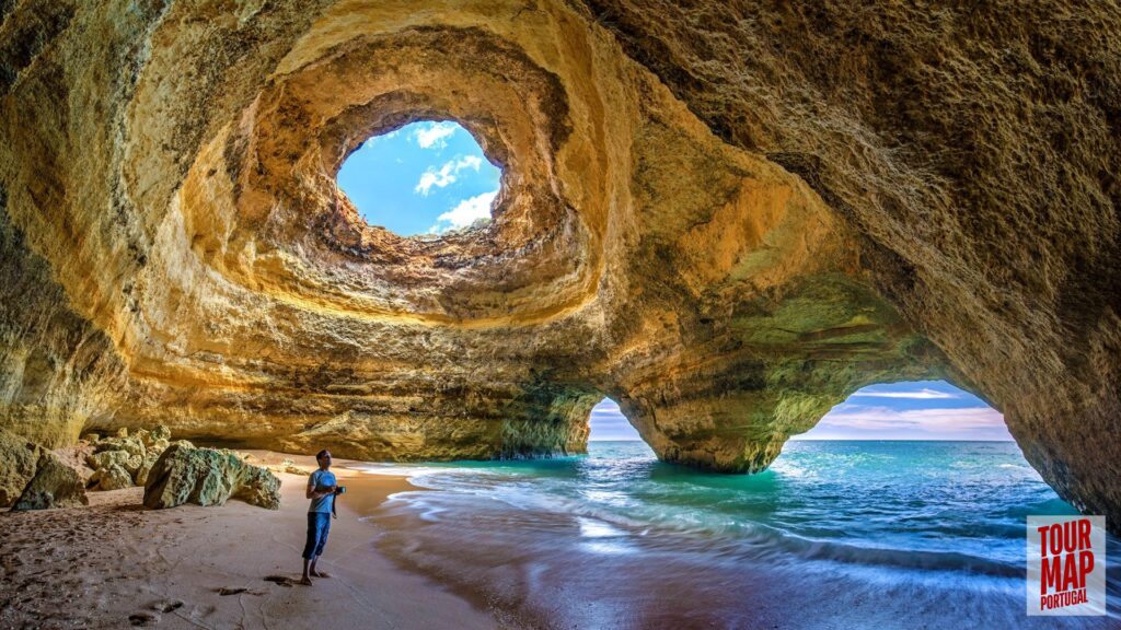 Scenic day trip to Algarve with Tour Map Portugal, visiting Benagil Cave, Carvoeiro, and Lagos.