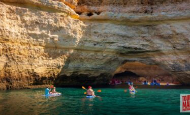 Scenic day trip to Algarve with Tour Map Portugal, visiting Benagil Cave, Carvoeiro, and Lagos.