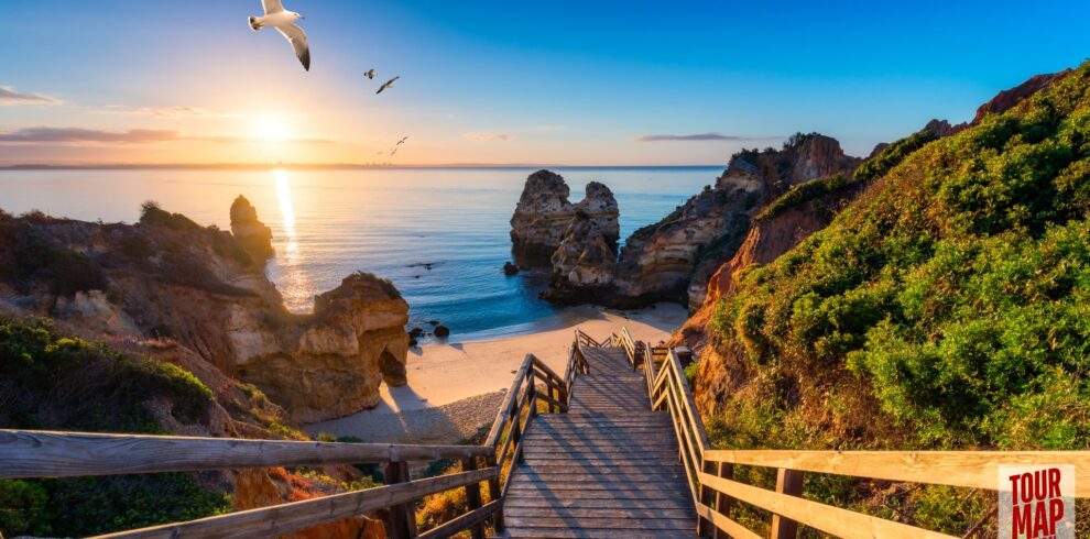 Scenic day trip to Algarve with Tour Map Portugal, visiting Benagil Cave, Carvoeiro, and Lagos.