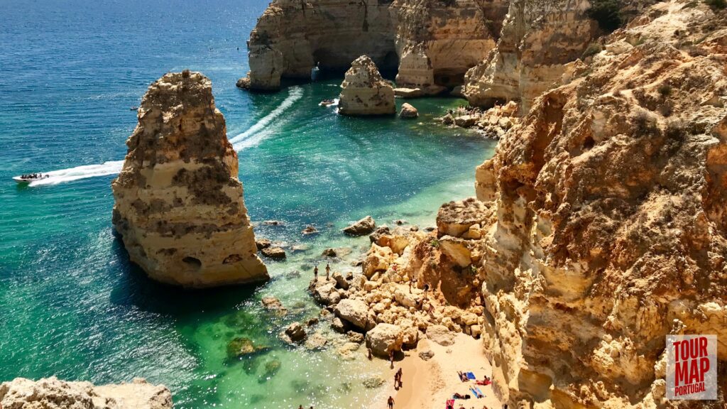 Scenic day trip to Algarve with Tour Map Portugal, visiting Benagil Cave, Carvoeiro, and Lagos.