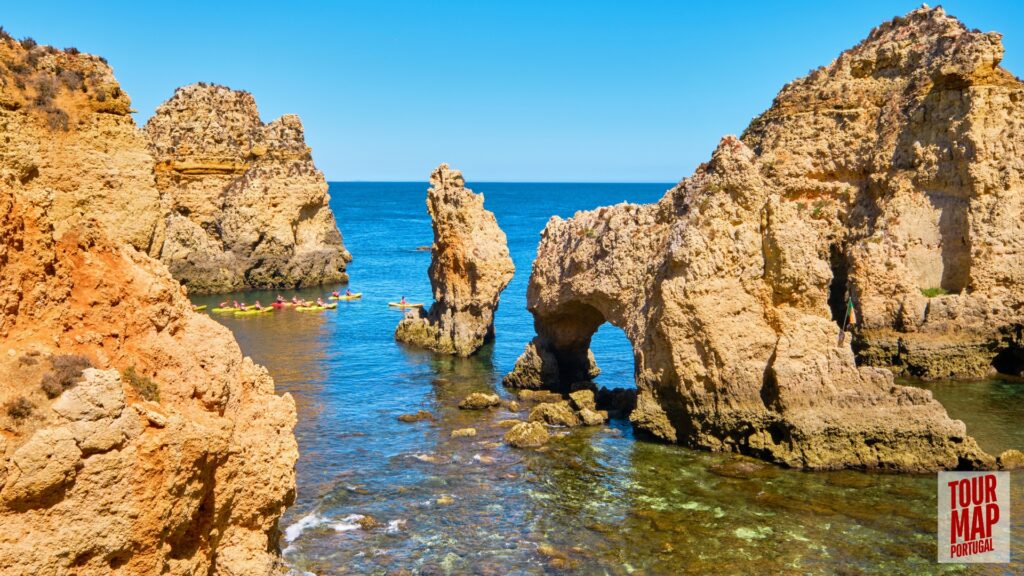 Scenic day trip to Algarve with Tour Map Portugal, visiting Benagil Cave, Carvoeiro, and Lagos.