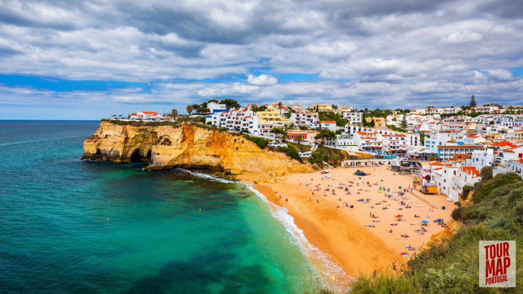 Scenic day trip to Algarve with Tour Map Portugal, visiting Benagil Cave, Carvoeiro, and Lagos.