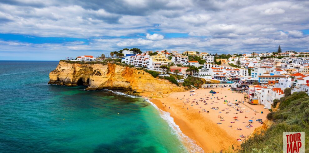 Scenic day trip to Algarve with Tour Map Portugal, visiting Benagil Cave, Carvoeiro, and Lagos.