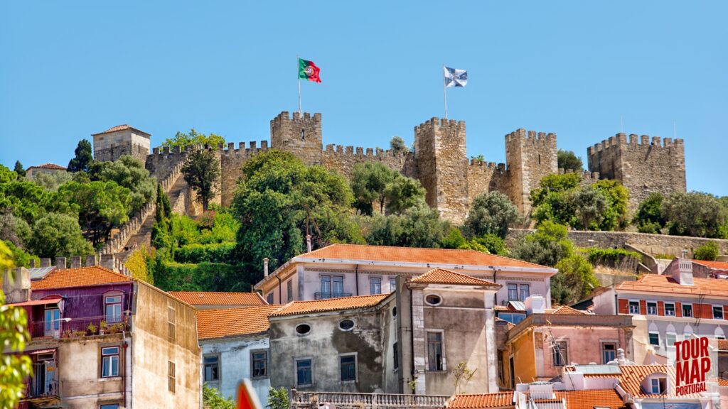 Historic hilltop castle, Castelo de São Jorge, overlooking Lisbon with Tour Map Portugal