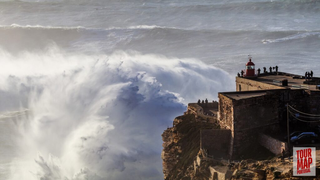 Coastal town of Nazaré, Portugal, known for giant waves and beach views with Tour Map Portugal.