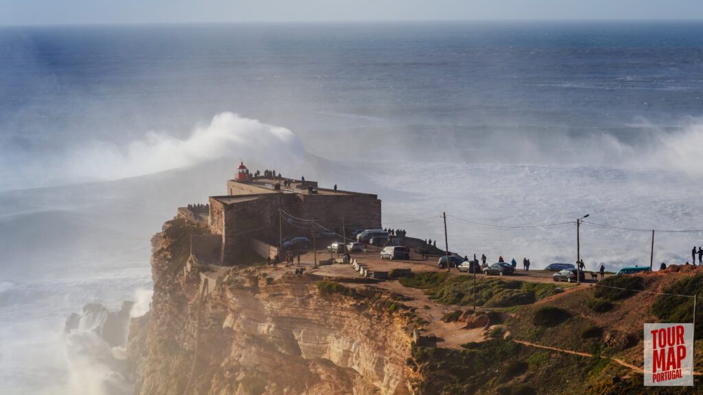 Coastal town of Nazaré, Portugal, known for giant waves and beach views with Tour Map Portugal.