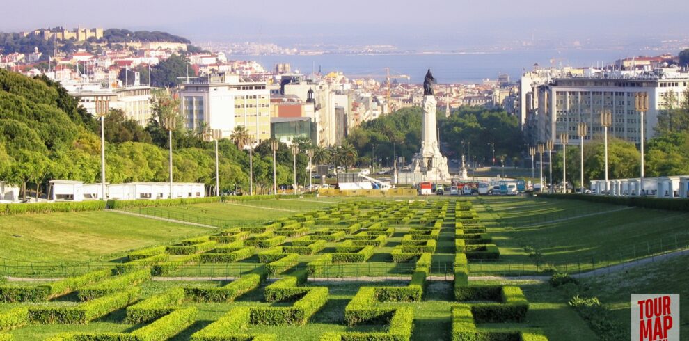 Scenic view of Parque Eduardo VII in Lisbon with Tour Map Portugal