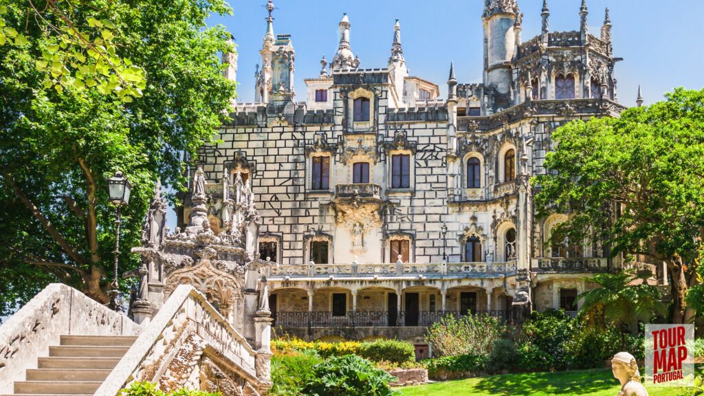 Gothic architecture and lush gardens of Quinta da Regaleira. Known for its elaborate Gothic-style architecture and enigmatic gardens, this UNESCO site is filled with hidden tunnels, lakes, and the iconic Initiation Well, offering an otherworldly experience steeped in symbolism and mystery with Tour Map Portugal.